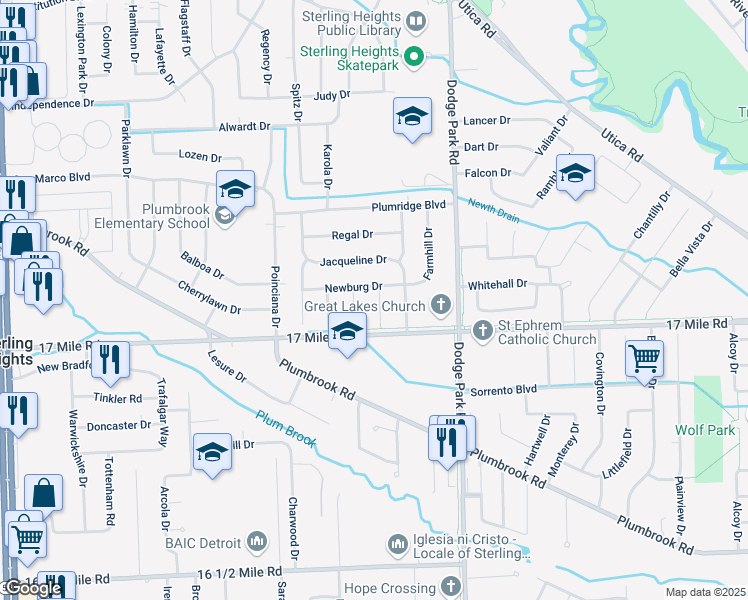 map of restaurants, bars, coffee shops, grocery stores, and more near 39175 Lea Court in Sterling Heights