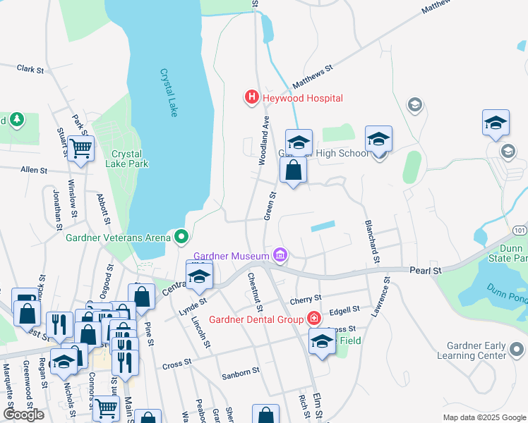 map of restaurants, bars, coffee shops, grocery stores, and more near 82 Green Street in Gardner