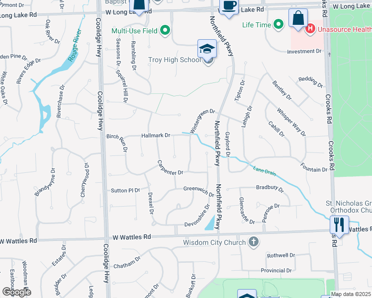 map of restaurants, bars, coffee shops, grocery stores, and more near 4343 Wintergreen Drive in Troy