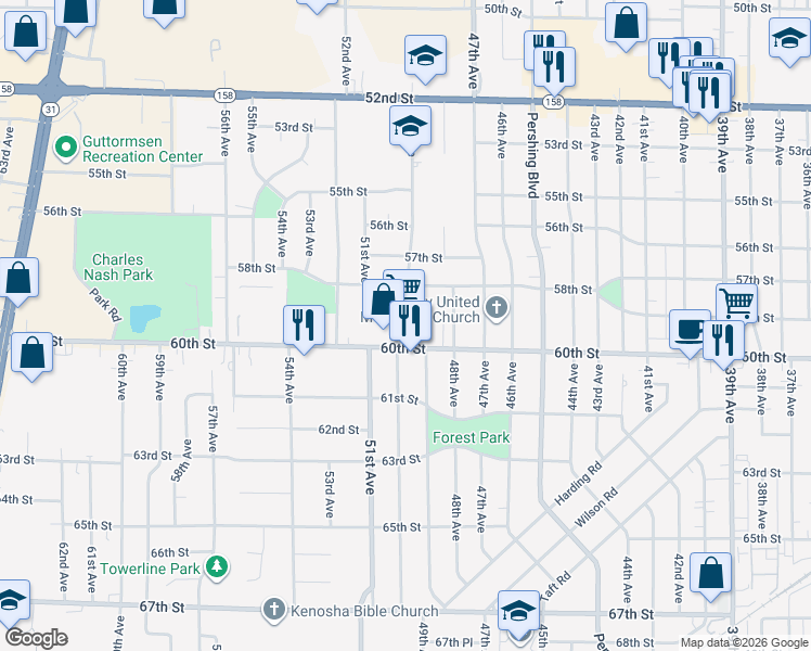 map of restaurants, bars, coffee shops, grocery stores, and more near 4924 60th Street in Kenosha