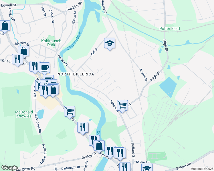 map of restaurants, bars, coffee shops, grocery stores, and more near 16 Horman Street in Billerica