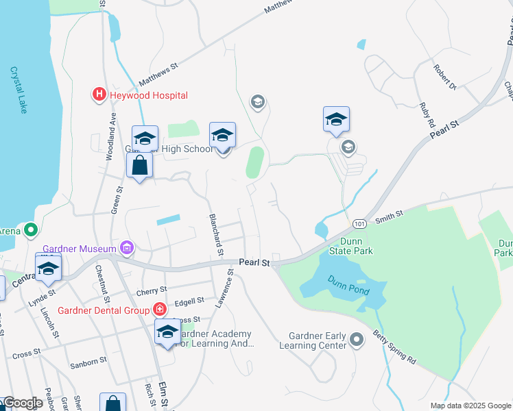 map of restaurants, bars, coffee shops, grocery stores, and more near 75 Catherine Street in Gardner