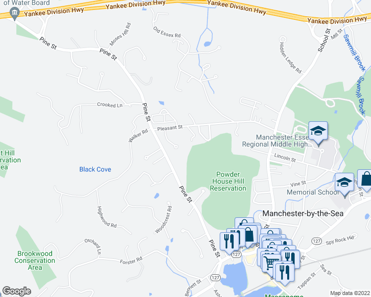 map of restaurants, bars, coffee shops, grocery stores, and more near 10 Greenbrier Rd in Manchester