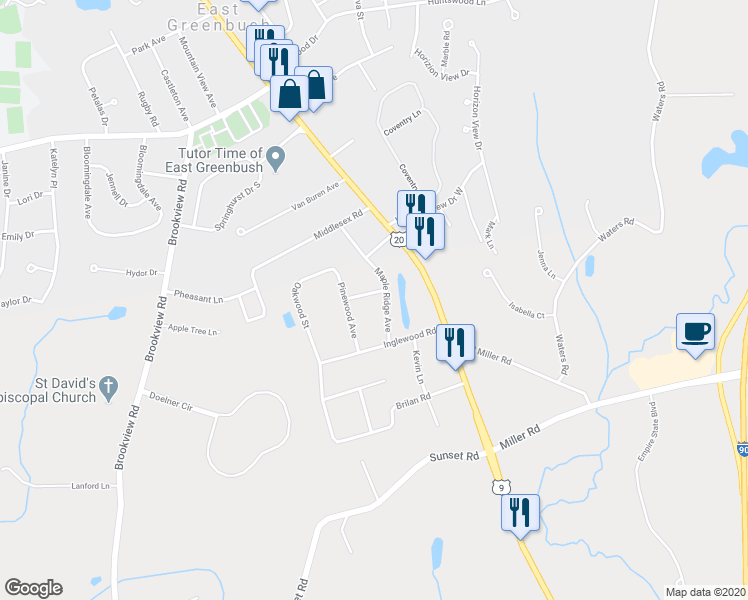 map of restaurants, bars, coffee shops, grocery stores, and more near 8 Maple Ridge Avenue in East Greenbush
