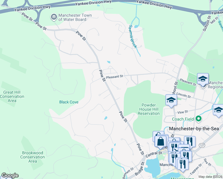 map of restaurants, bars, coffee shops, grocery stores, and more near 117 Pine Street in Manchester-by-the-Sea