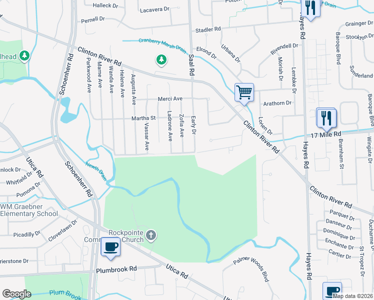map of restaurants, bars, coffee shops, grocery stores, and more near 39017 Early Drive in Sterling Heights