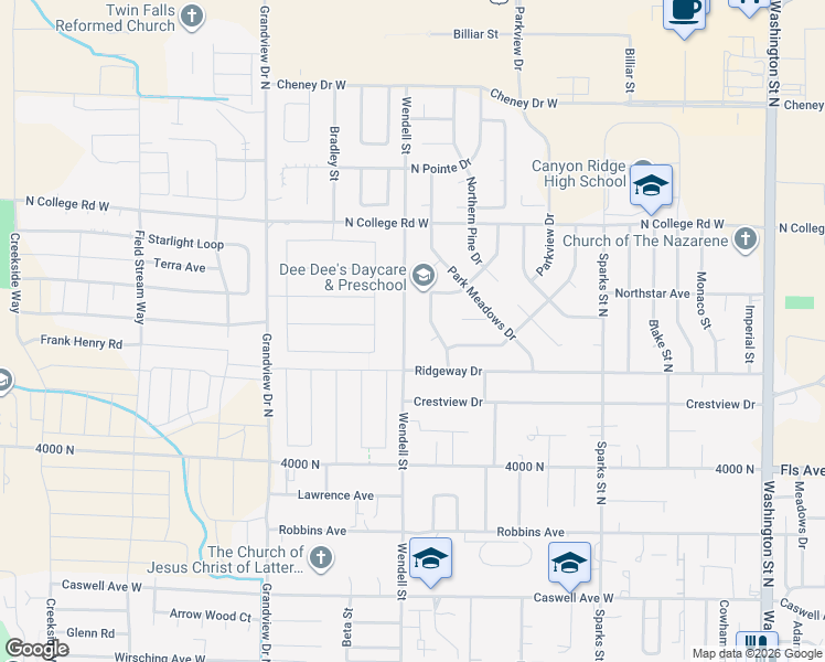 map of restaurants, bars, coffee shops, grocery stores, and more near 1120 Wendell Street in Twin Falls