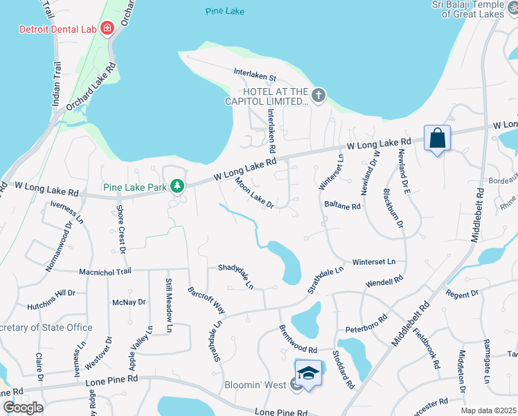 map of restaurants, bars, coffee shops, grocery stores, and more near 3037 Moon Lake Drive in West Bloomfield Township