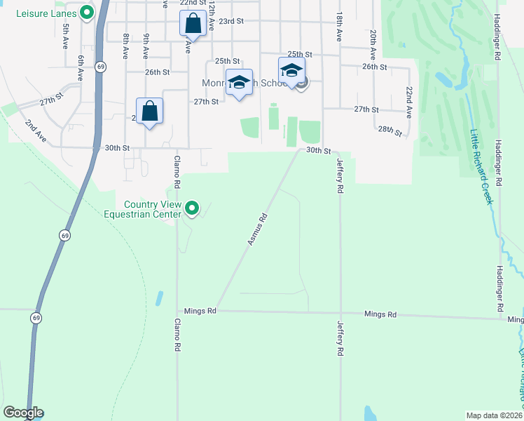 map of restaurants, bars, coffee shops, grocery stores, and more near N2205 Asmus Road in Monroe
