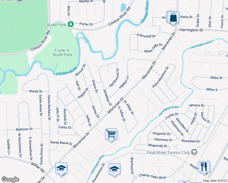 map of restaurants, bars, coffee shops, grocery stores, and more near 38327 Hidden Lane in Charter Township of Clinton