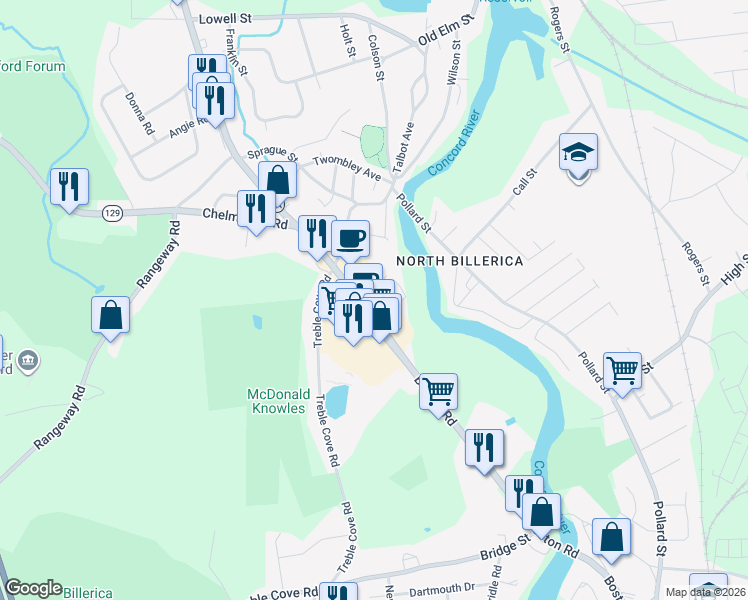 map of restaurants, bars, coffee shops, grocery stores, and more near 192 Boston Road in Billerica