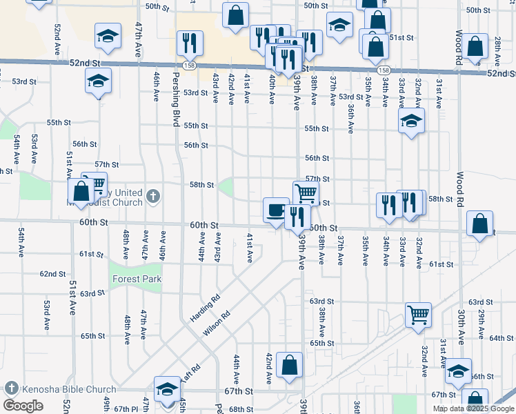 map of restaurants, bars, coffee shops, grocery stores, and more near 4027 59th Street in Kenosha