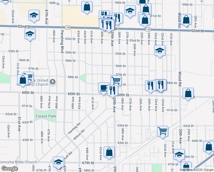 map of restaurants, bars, coffee shops, grocery stores, and more near 3917 59th Street in Kenosha