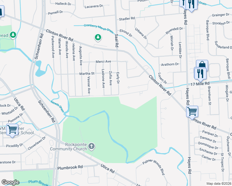 map of restaurants, bars, coffee shops, grocery stores, and more near 39017 Early Drive in Sterling Heights