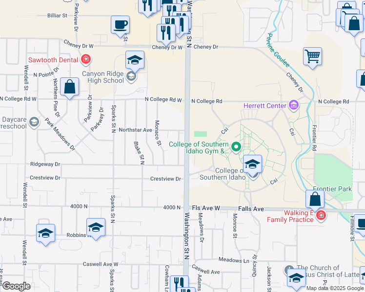map of restaurants, bars, coffee shops, grocery stores, and more near 1147 Washington Street North in Twin Falls