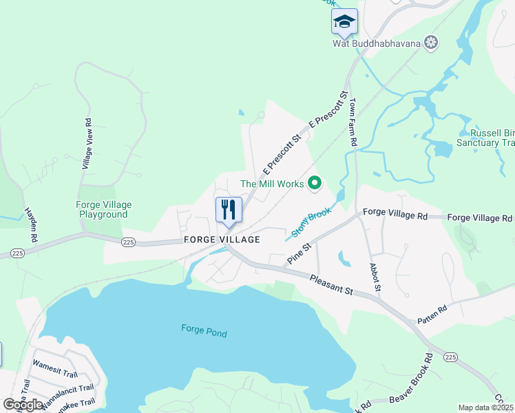 map of restaurants, bars, coffee shops, grocery stores, and more near 20 East Prescott Street in Westford
