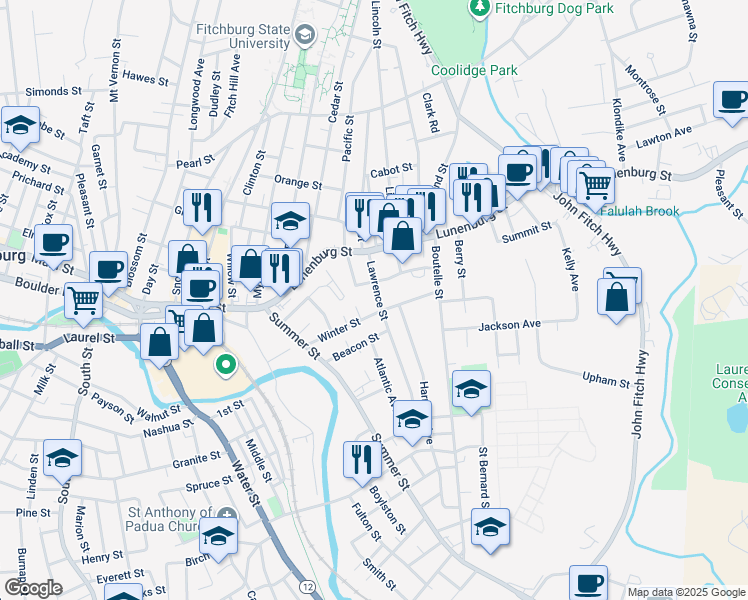 map of restaurants, bars, coffee shops, grocery stores, and more near 28 Lawrence Street in Fitchburg
