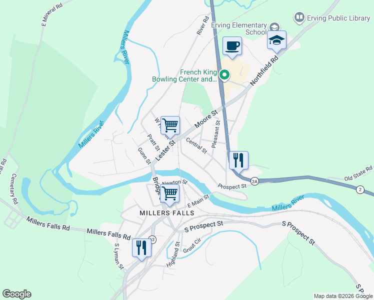 map of restaurants, bars, coffee shops, grocery stores, and more near 27 East Main Street in Millers Falls