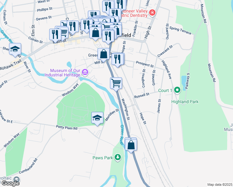map of restaurants, bars, coffee shops, grocery stores, and more near 126 Deerfield Street in Greenfield