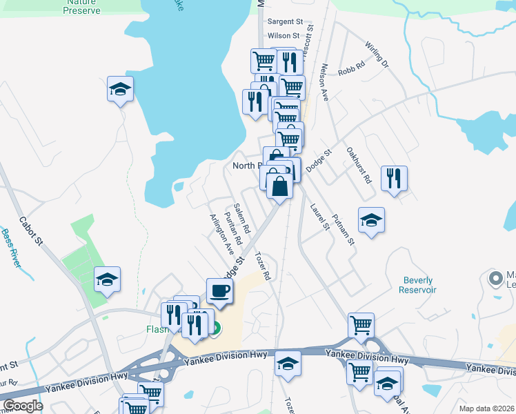 map of restaurants, bars, coffee shops, grocery stores, and more near 8 Devon Avenue in Beverly