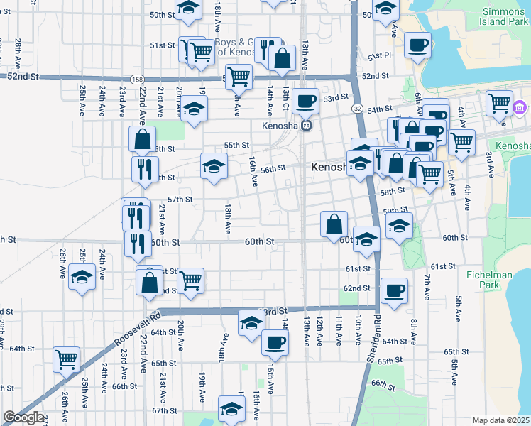 map of restaurants, bars, coffee shops, grocery stores, and more near 5803 16th Avenue in Kenosha