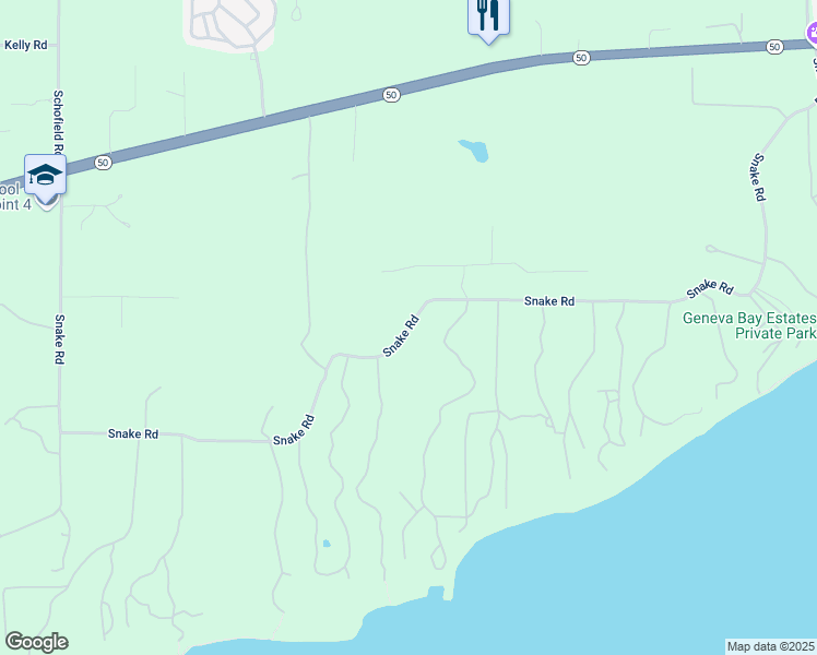 map of restaurants, bars, coffee shops, grocery stores, and more near Snake Road in Lake Geneva