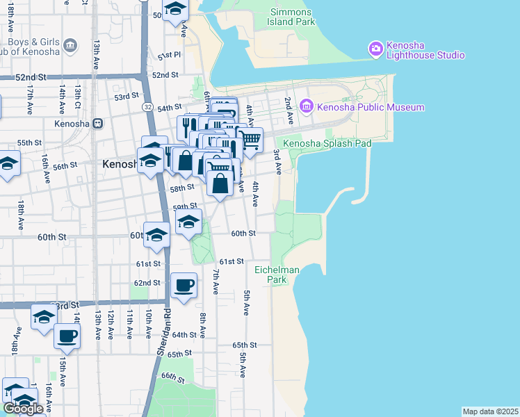 map of restaurants, bars, coffee shops, grocery stores, and more near 5917 5th Avenue in Kenosha