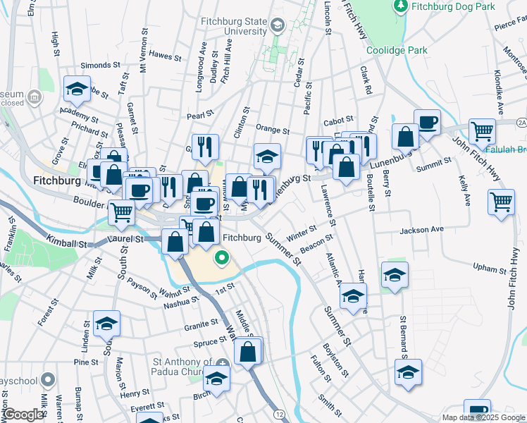map of restaurants, bars, coffee shops, grocery stores, and more near 19 Lunenburg Street in Fitchburg
