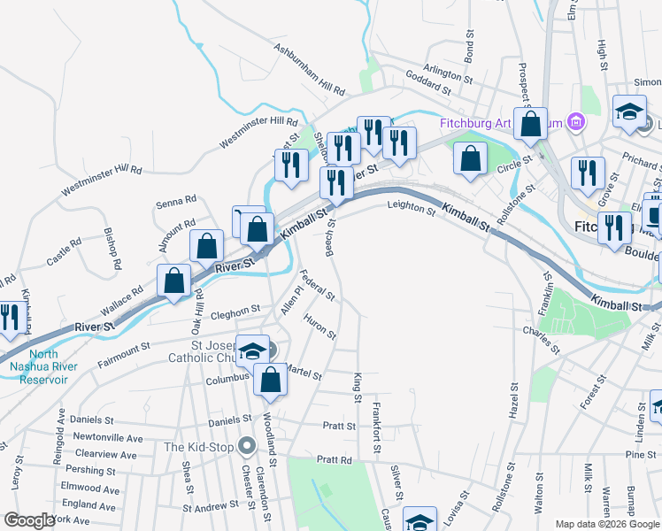 map of restaurants, bars, coffee shops, grocery stores, and more near 79 Beech Street in Fitchburg