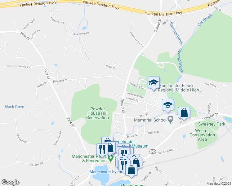 map of restaurants, bars, coffee shops, grocery stores, and more near 9 Lincoln Avenue in Manchester-by-the-Sea