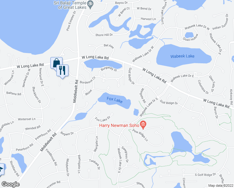 map of restaurants, bars, coffee shops, grocery stores, and more near 2056 Rhine in West Bloomfield Township