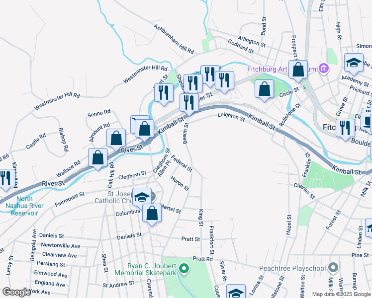 map of restaurants, bars, coffee shops, grocery stores, and more near 79 Beech Street in Fitchburg