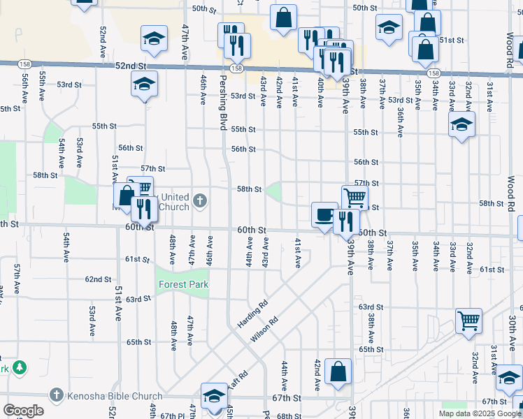 map of restaurants, bars, coffee shops, grocery stores, and more near 5910 43rd Avenue in Kenosha