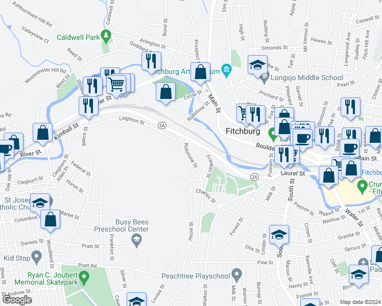 map of restaurants, bars, coffee shops, grocery stores, and more near 152 Rollstone Street in Fitchburg