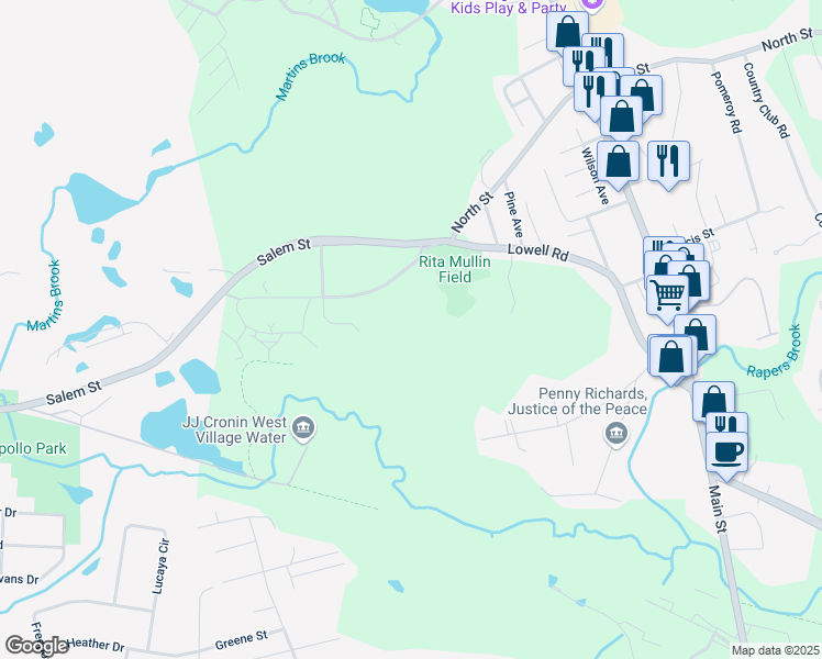 map of restaurants, bars, coffee shops, grocery stores, and more near 110 Lowell Road in North Reading