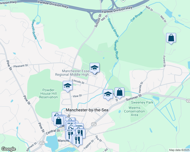 map of restaurants, bars, coffee shops, grocery stores, and more near 36 Lincoln Street in Manchester-by-the-Sea