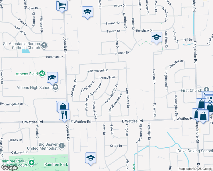 map of restaurants, bars, coffee shops, grocery stores, and more near 4245 Cambridge Crescent Drive in Troy