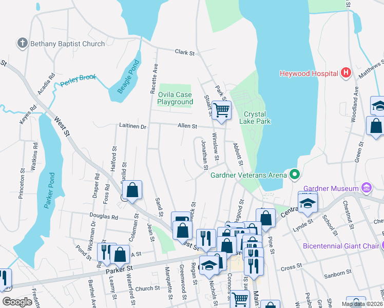 map of restaurants, bars, coffee shops, grocery stores, and more near 89 Jonathan Street in Gardner