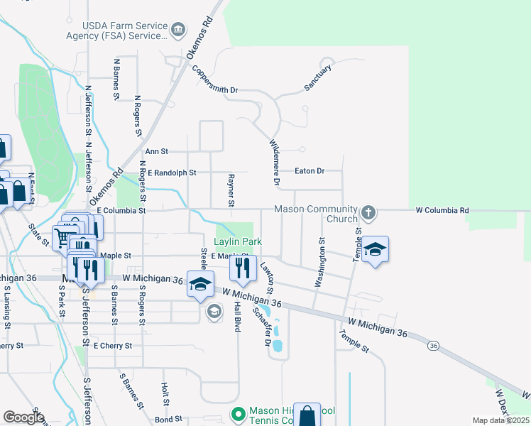 map of restaurants, bars, coffee shops, grocery stores, and more near 105 Lawton Street in Mason