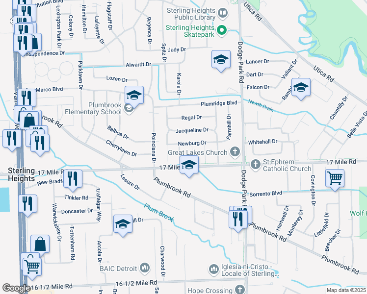 map of restaurants, bars, coffee shops, grocery stores, and more near 11222 Newburg Drive in Sterling Heights