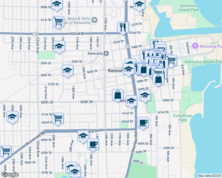 map of restaurants, bars, coffee shops, grocery stores, and more near 1203 58th St in Kenosha