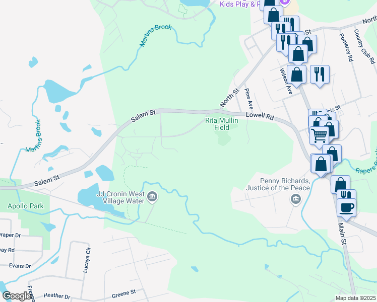 map of restaurants, bars, coffee shops, grocery stores, and more near 110 Lowell Road in North Reading