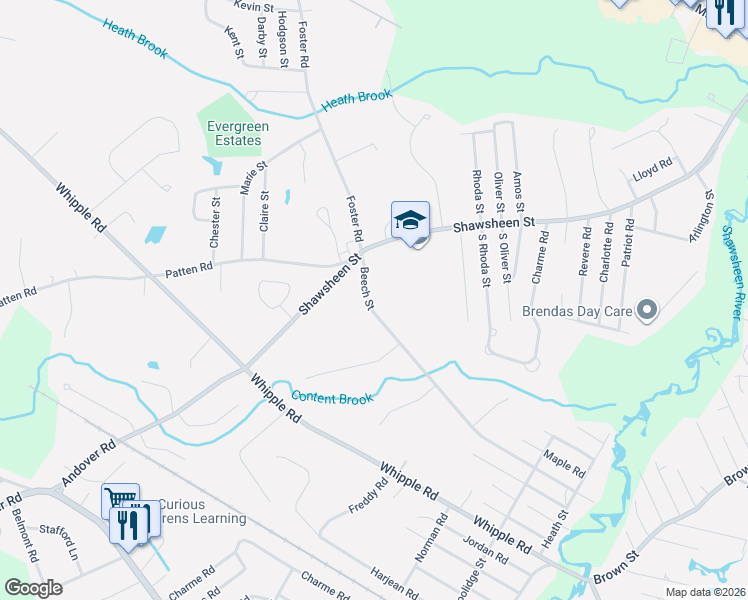 map of restaurants, bars, coffee shops, grocery stores, and more near 261 Beech Street in Tewksbury
