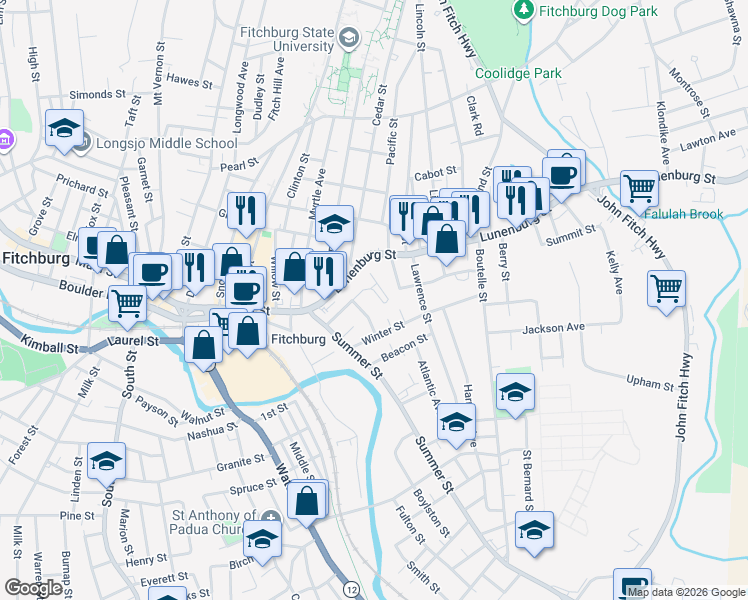 map of restaurants, bars, coffee shops, grocery stores, and more near 47 Holt Street in Fitchburg
