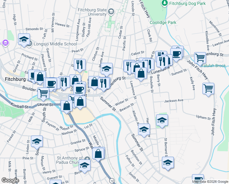 map of restaurants, bars, coffee shops, grocery stores, and more near 47 Holt Street in Fitchburg