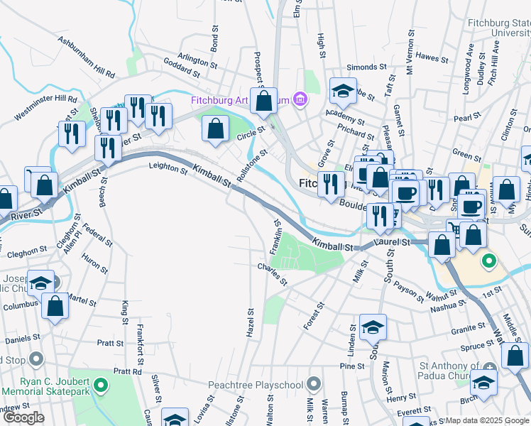 map of restaurants, bars, coffee shops, grocery stores, and more near 152 Rollstone Street in Fitchburg