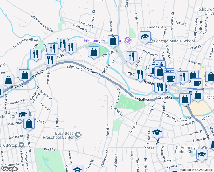 map of restaurants, bars, coffee shops, grocery stores, and more near 152 Rollstone Street in Fitchburg