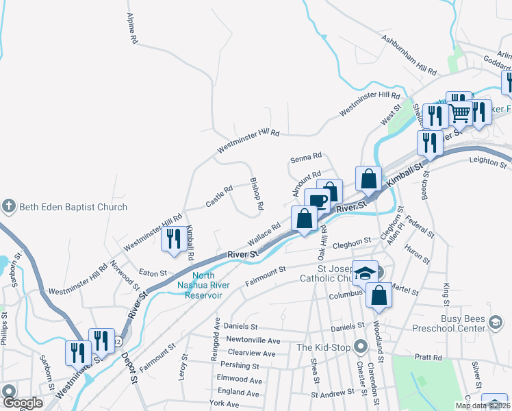 map of restaurants, bars, coffee shops, grocery stores, and more near 135 Bishop Road in Fitchburg
