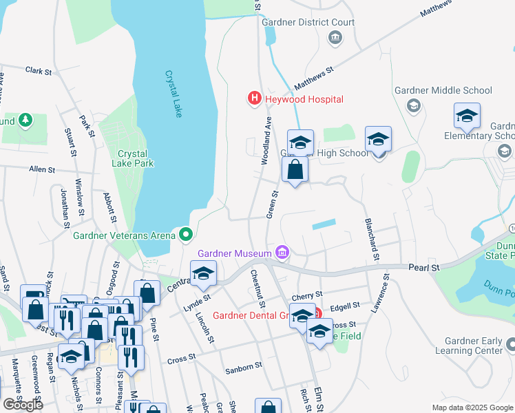 map of restaurants, bars, coffee shops, grocery stores, and more near 82 Green Street in Gardner