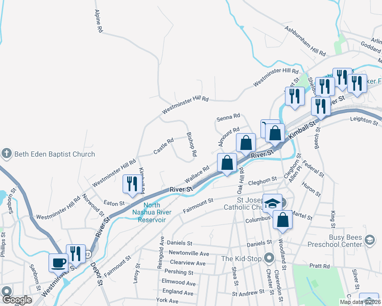 map of restaurants, bars, coffee shops, grocery stores, and more near 135 Bishop Road in Fitchburg